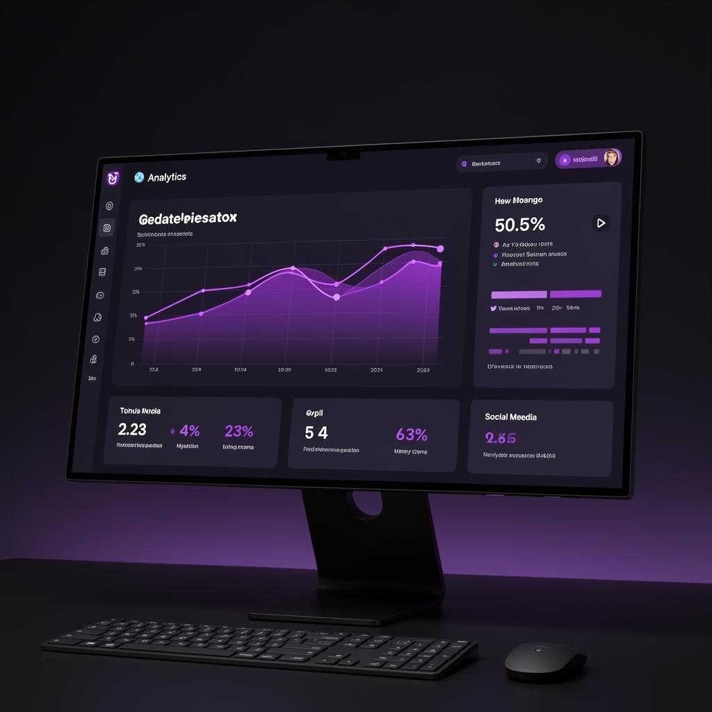 Dashboard de analytics de redes sociais com gráficos roxos